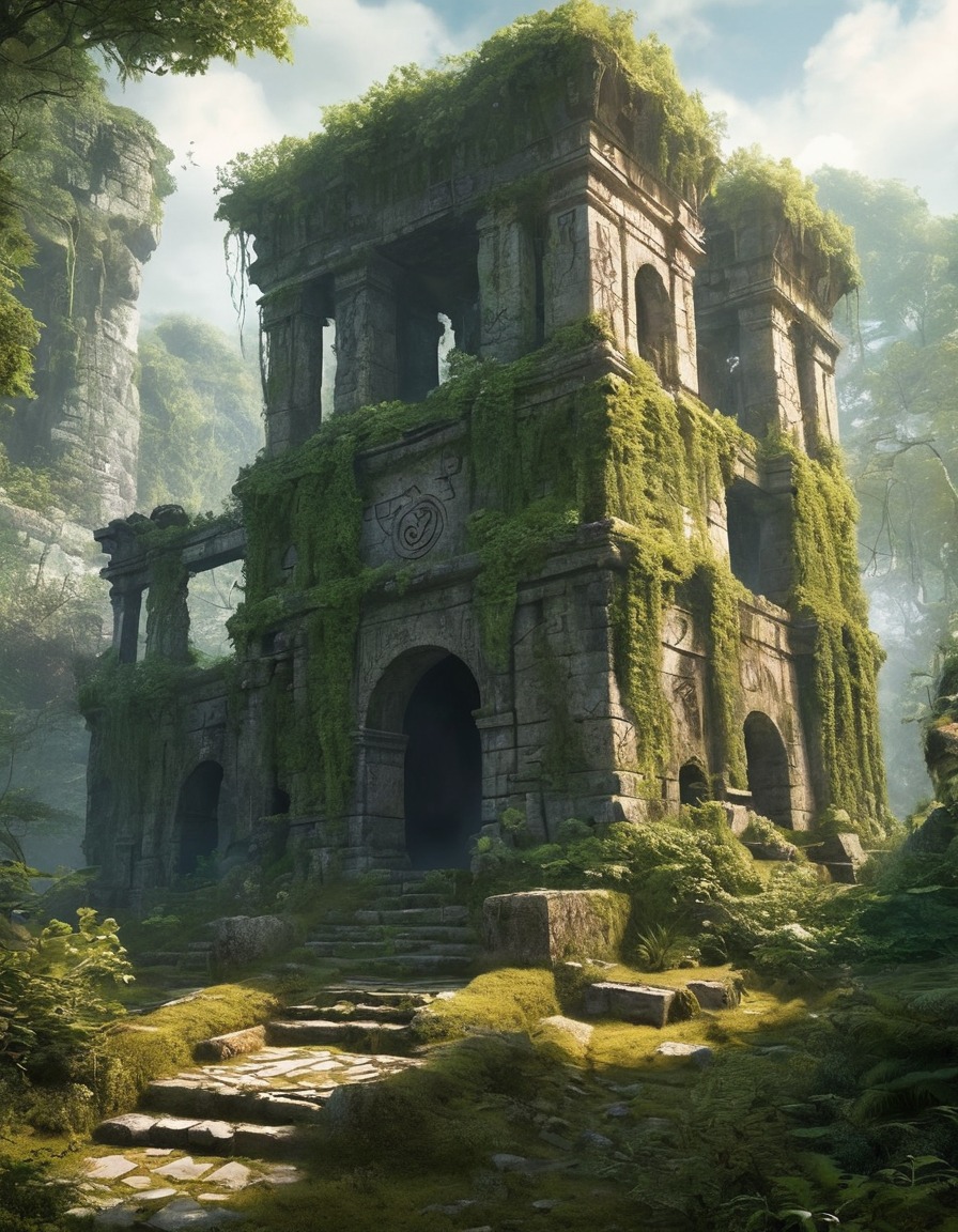 ancient ruins, overgrown, mystical runes, spirits, fantastic