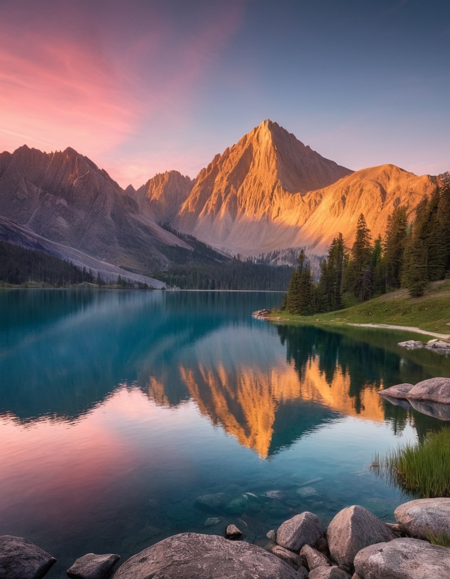 lake, mountain, sunset, reflection