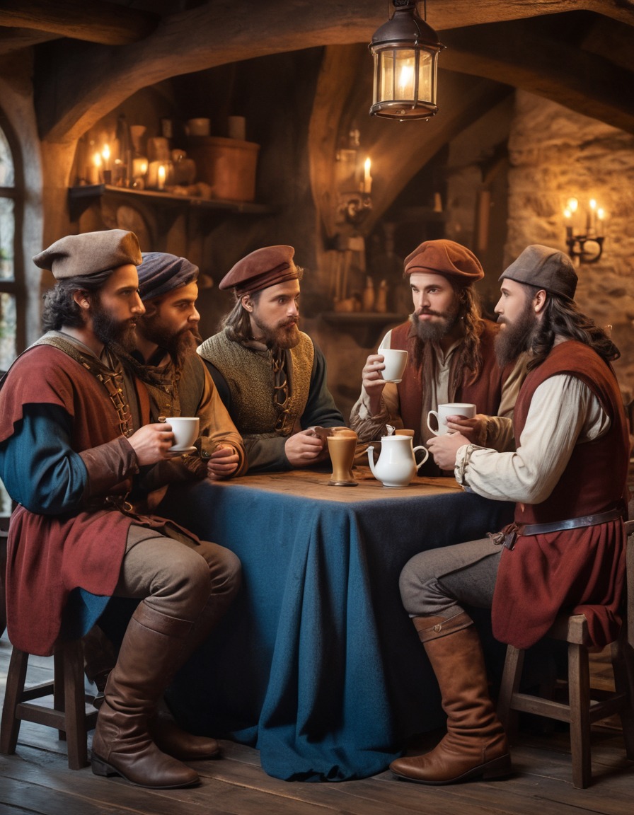 hipsters, medieval garb, coffee, goblets, rustic tavern, medieval, art