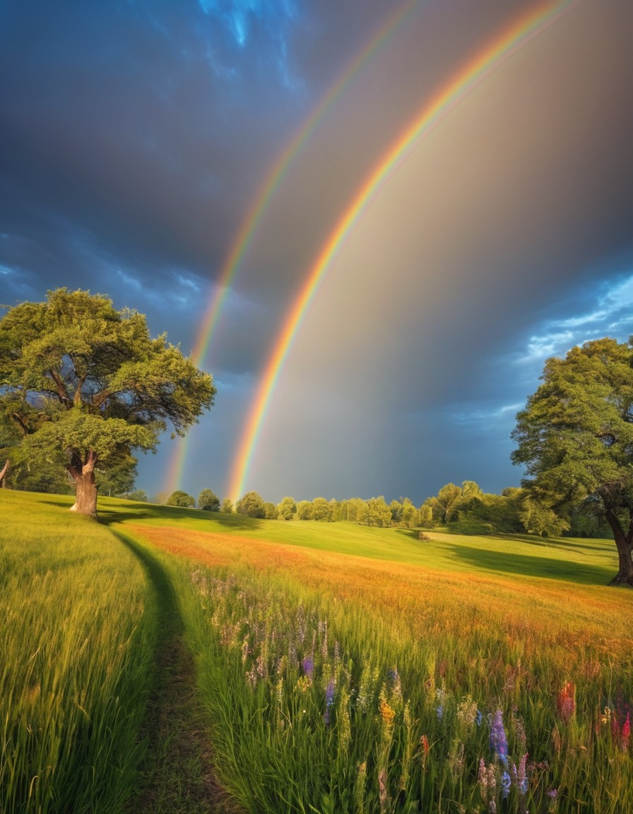 rainbow, meadow, nature, tranquility, weather, colorful