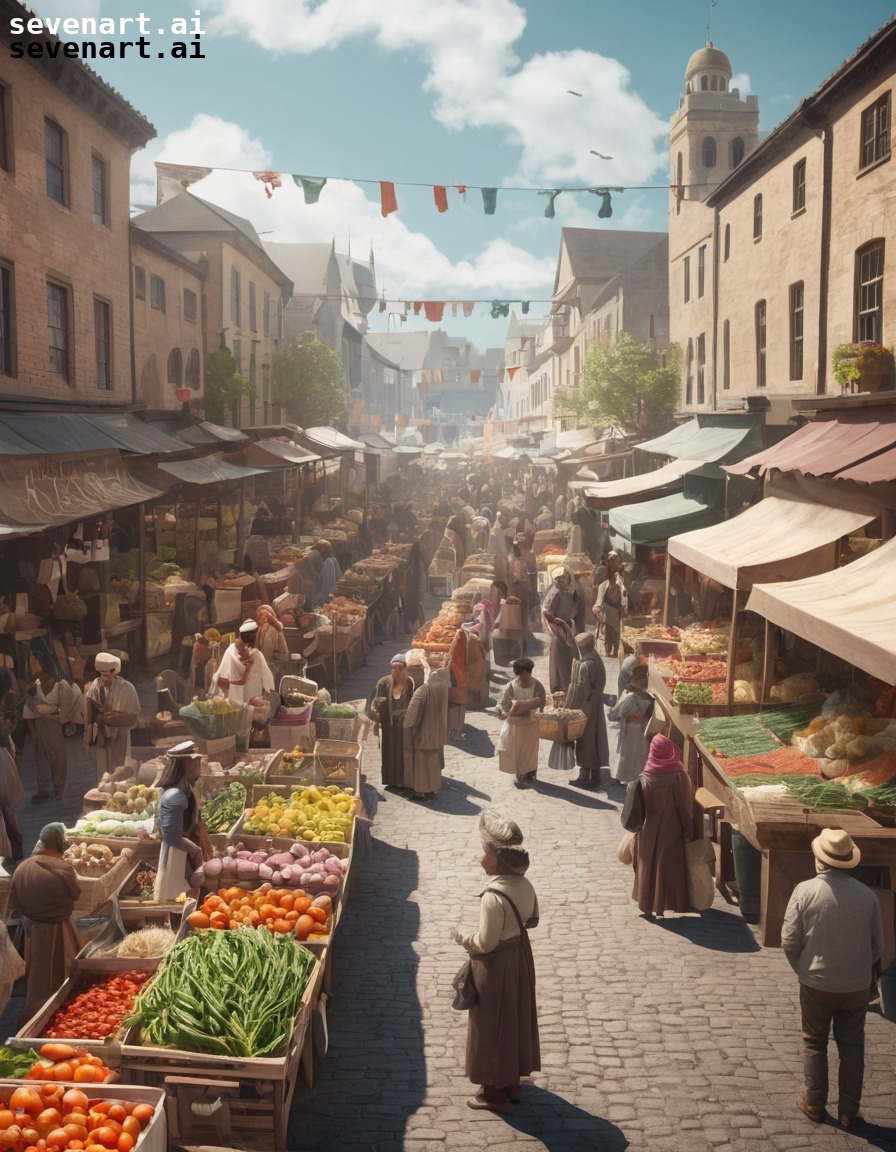 outdoor market, vendors, fresh produce, handmade goods, shoppers, modern city, city