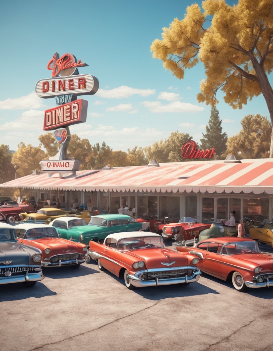 retro, diner, parking lot, vintage cars, motorcycles