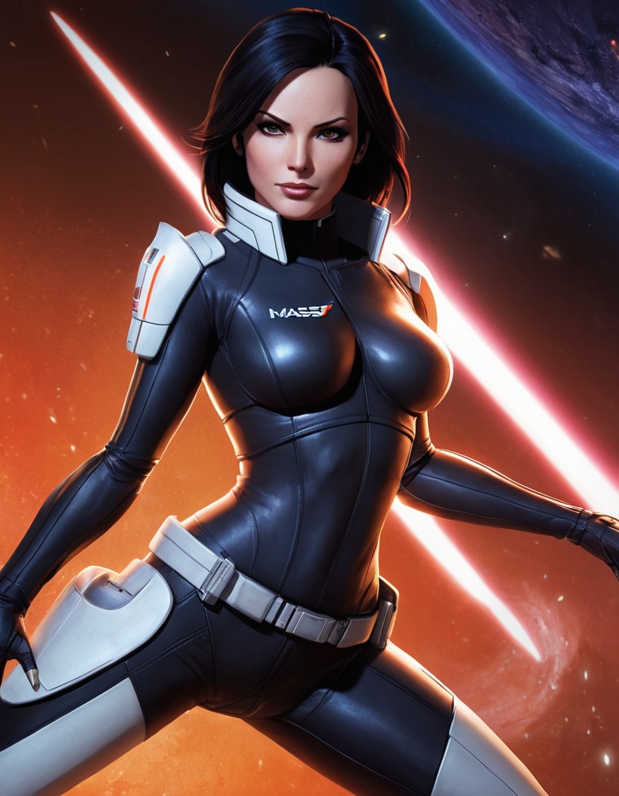 miranda lawson, mass effect, biotic abilities, dynamic pose, sci-fi, anime, games