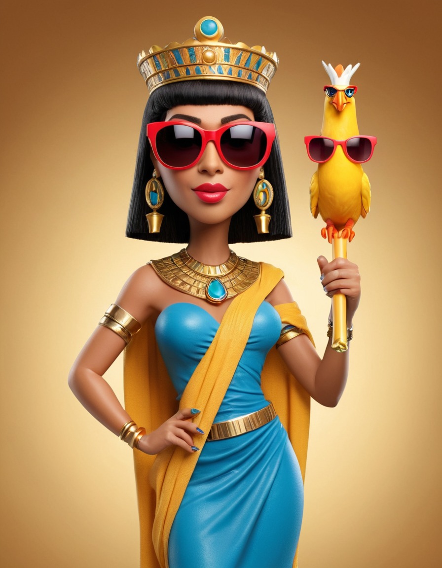 cleopatra, caricature, oversized sunglasses, rubber chicken, humor, funny