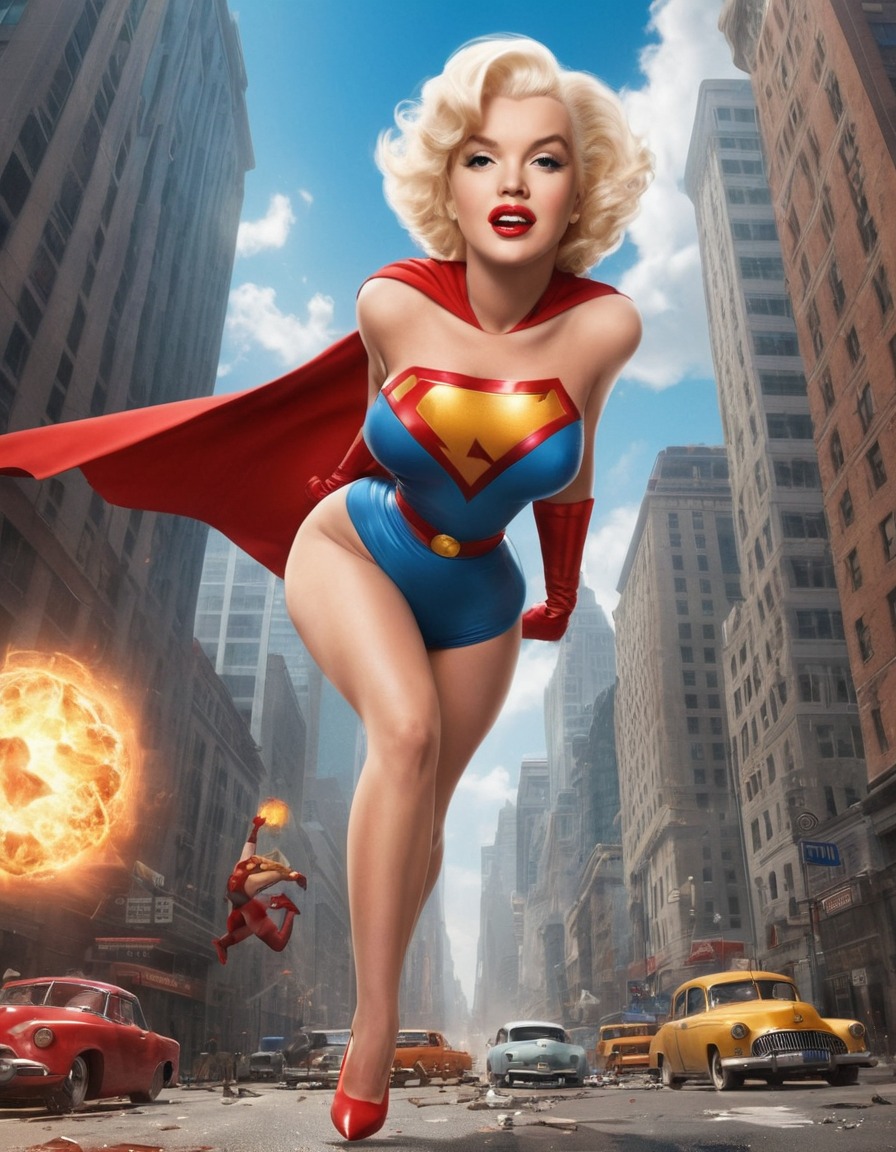 caricature, marilyn monroe, superhero, humor, funny