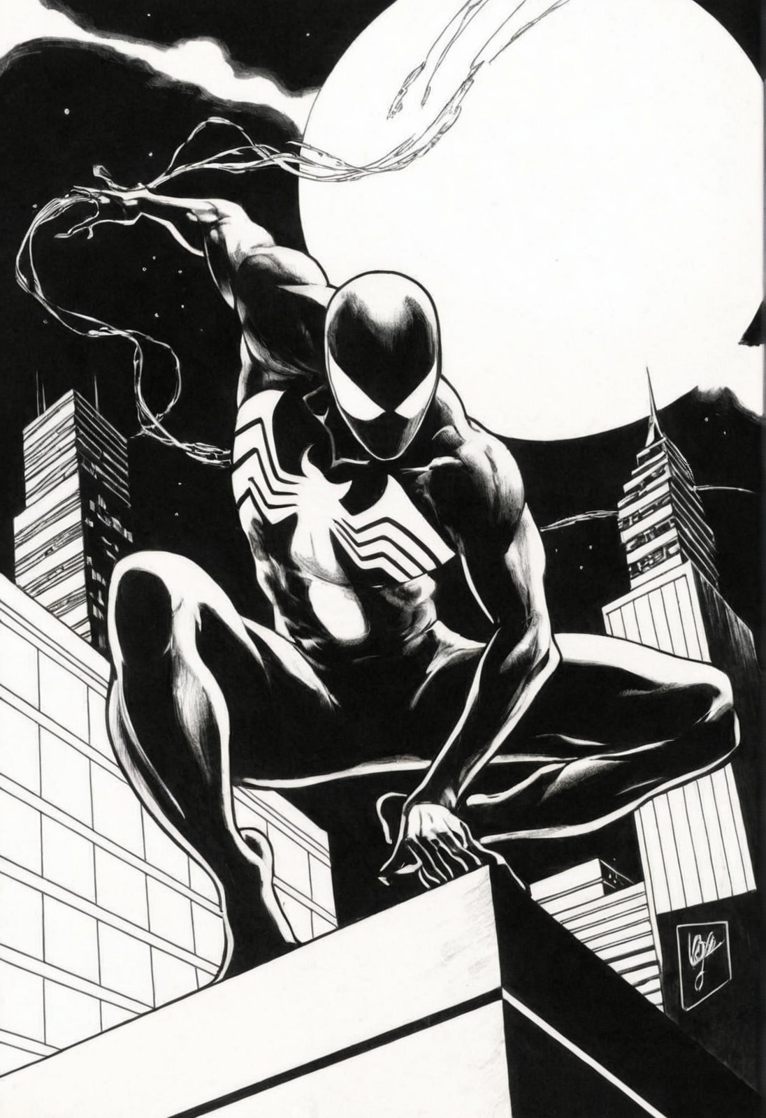 spider-man, symbiote, venom, black suit, art, black and white, comic