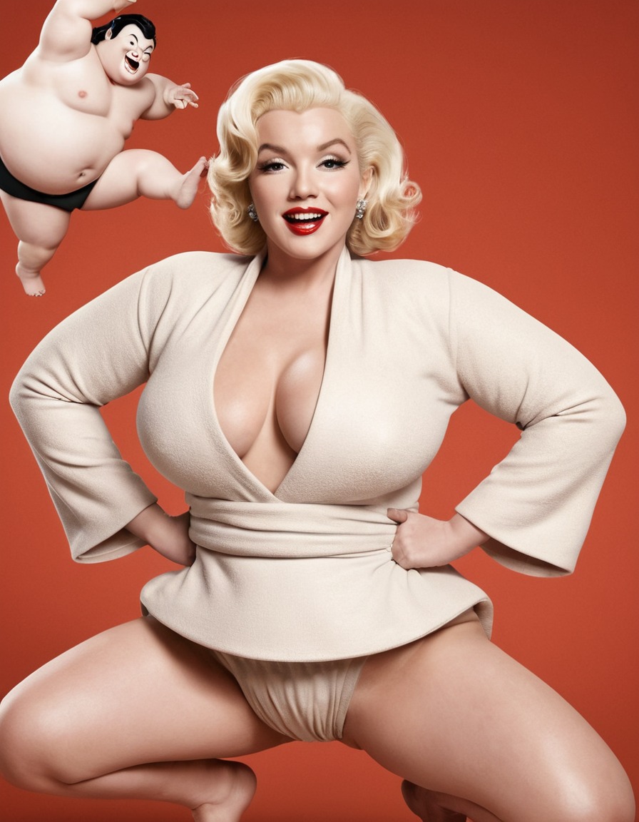 celebrity mashup, marilyn monroe, sumo wrestler, humor, fat