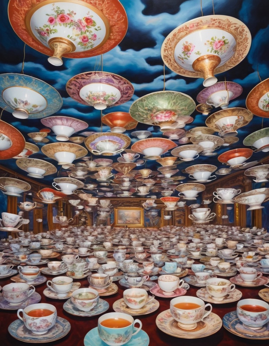 teacups, saucers, oversized, room, whimsical, surreal