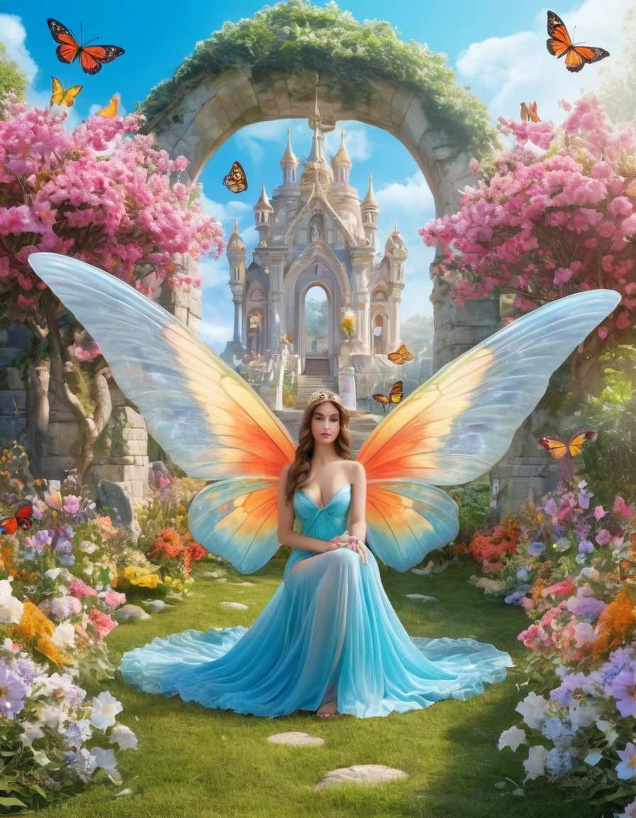 heaven, angels, peaceful garden, blooming flowers, colorful butterflies