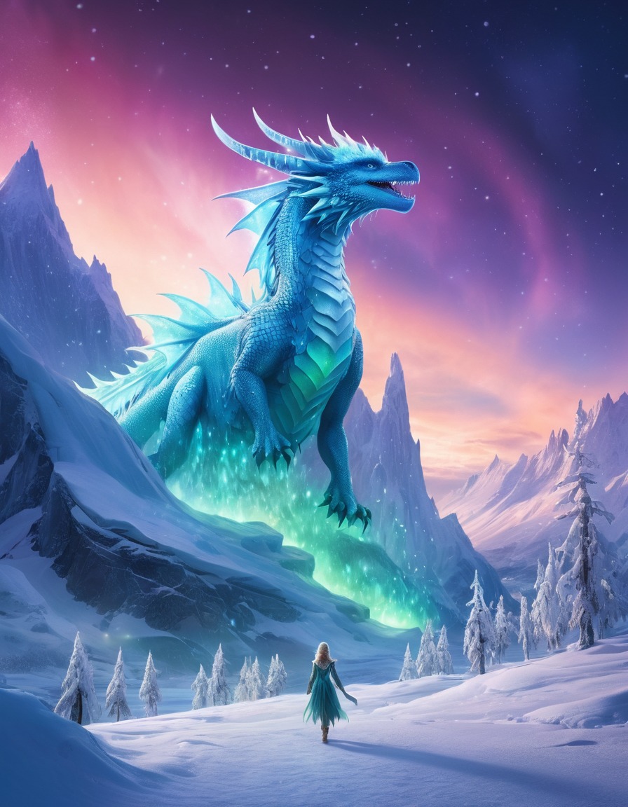 fantasy, winter, ice dragons, snow fairies, kingdom, northern lights, fantastic