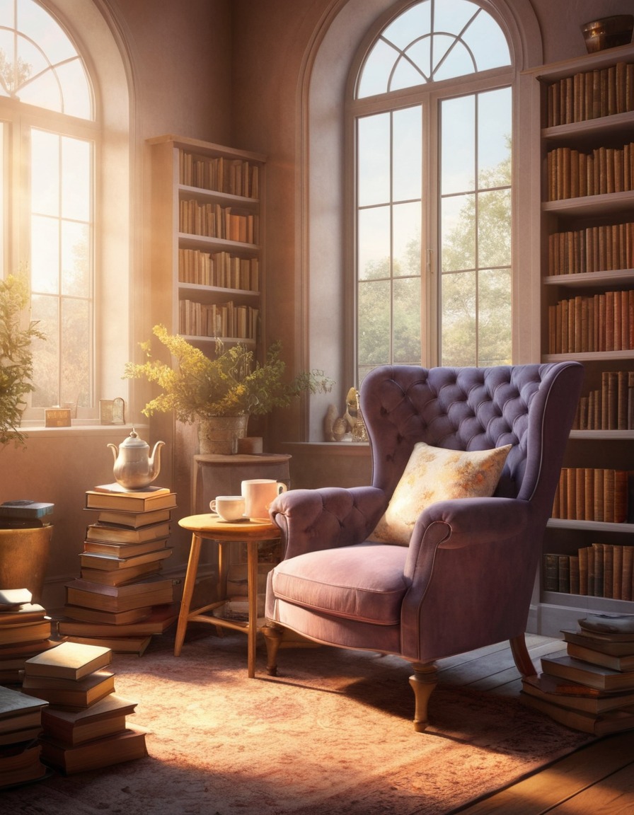 cozy, reading nook, armchair, classic novels, tea, sunlight, home, interior