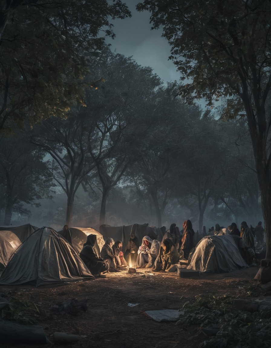 refugees, shelter, makeshift camp, city park, war, usa