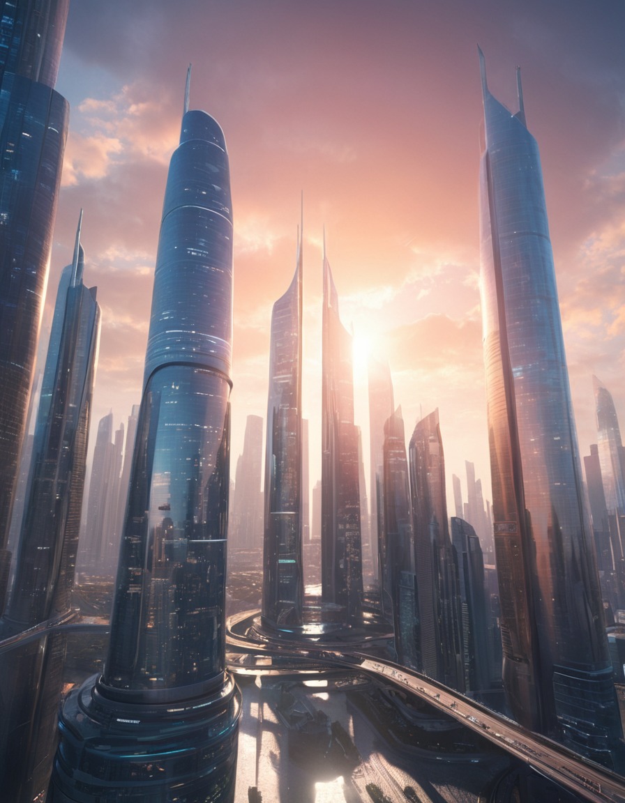 futuristic, cityscape, skyscrapers, minimalist, architecture