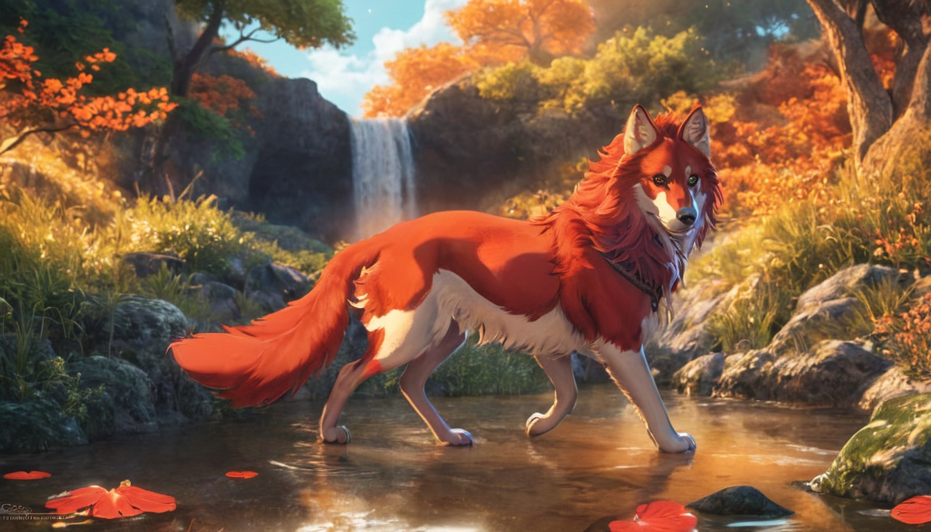 animal, autumn, background, canine, dog, fall, feral, forest, fox, wolf, fullfbody, waterfall, waterfalllandscape