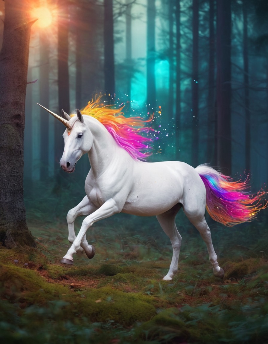 unicorn, magical, forest, colorful, mushrooms