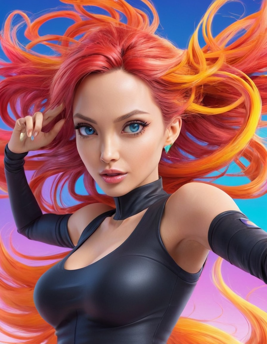 angelina jolie, anime, colorful, dynamic pose, celebrity, action, fictional character