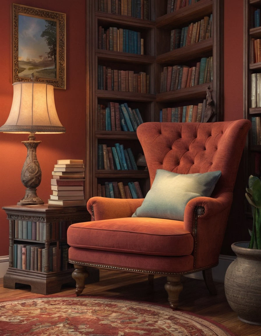 reading nook, comfy chair, side table, books, home, interior