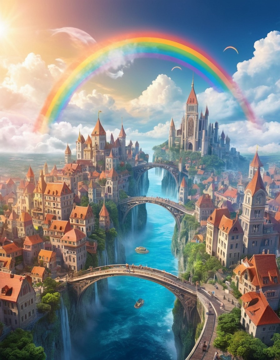 floating city, clouds, rainbow bridges, fantasy scene, skytopia