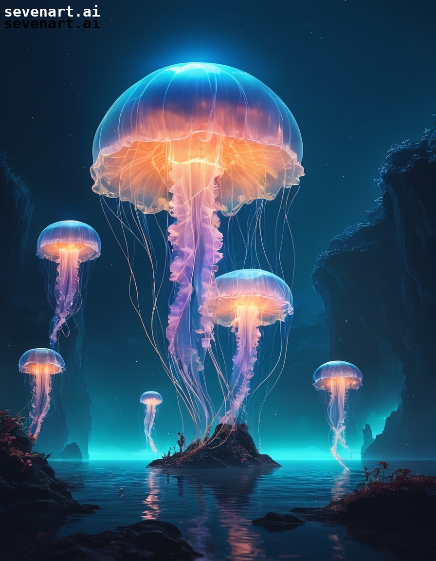 fantasy, floating island, bioluminescence, ethereal creatures, jellyfish