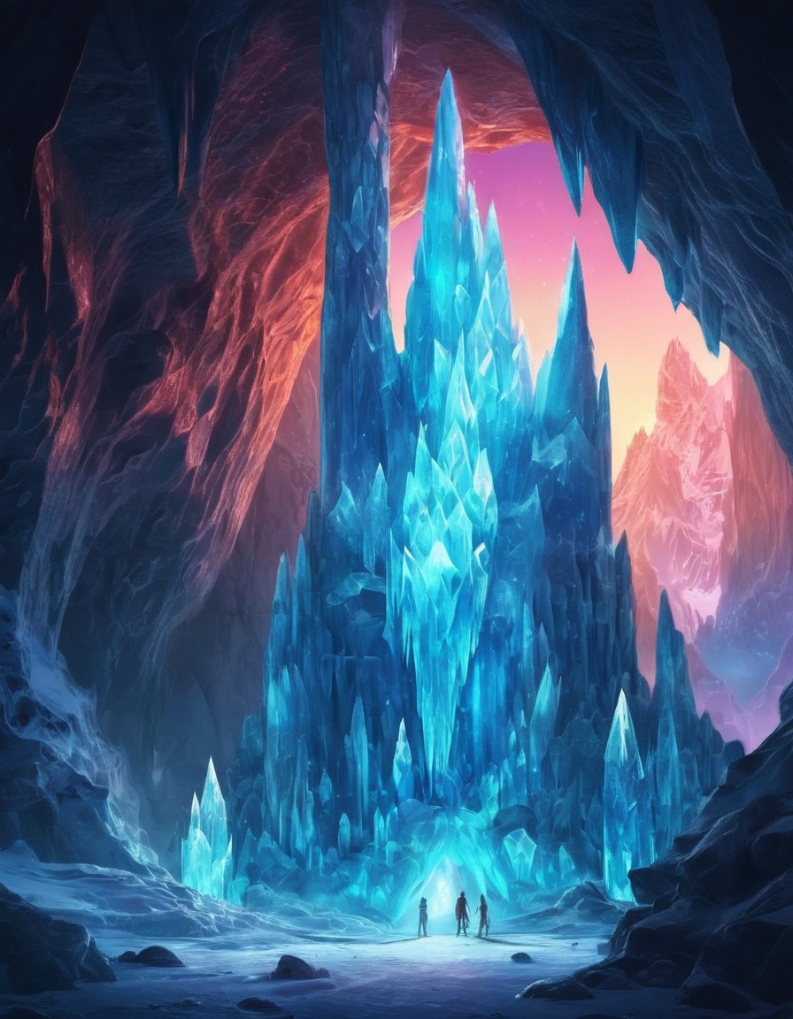 fantasy, ice cave, glowing crystals, mystical creatures, enchantment, fantastic