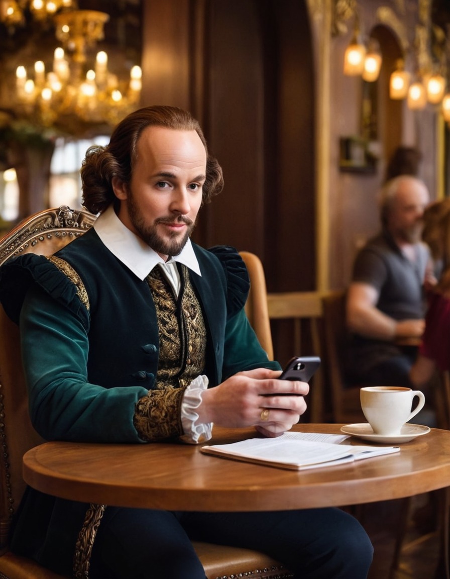 william shakespeare, texting, smartphone, cafe, communication, modern technology