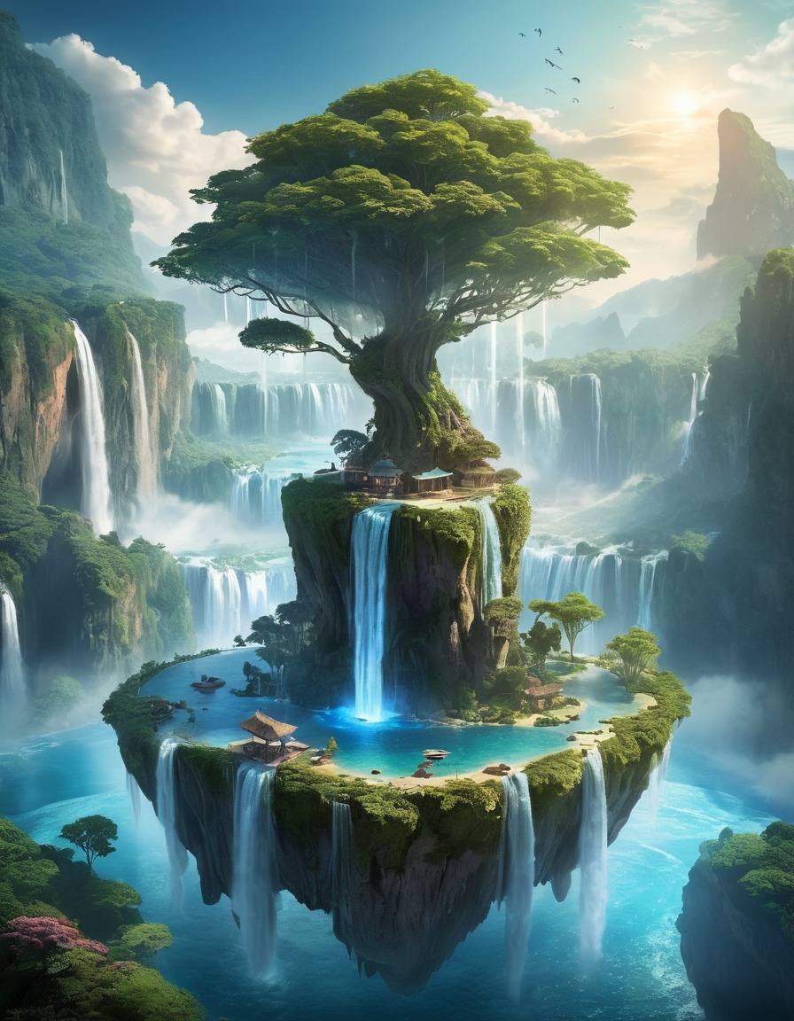 floating island, waterfalls, ethereal beings, fantastic