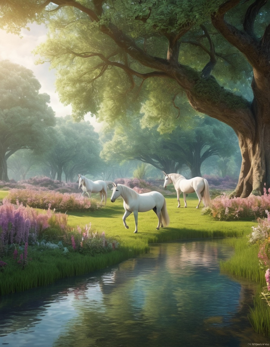 meadow, unicorns, enchanted trees, fantasy, fantastic