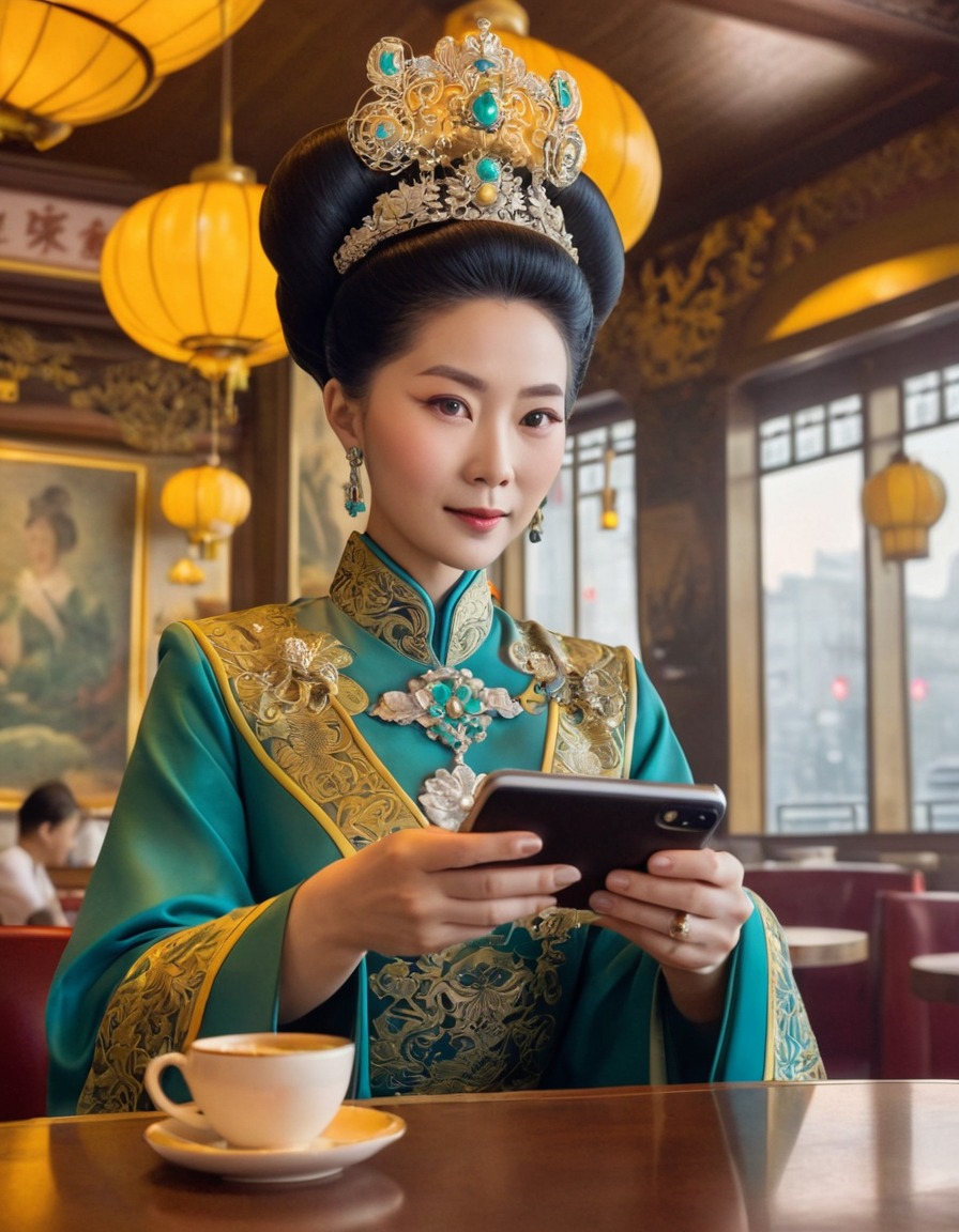 empress dowager cixi, smartphone, coffee shop, historical figure