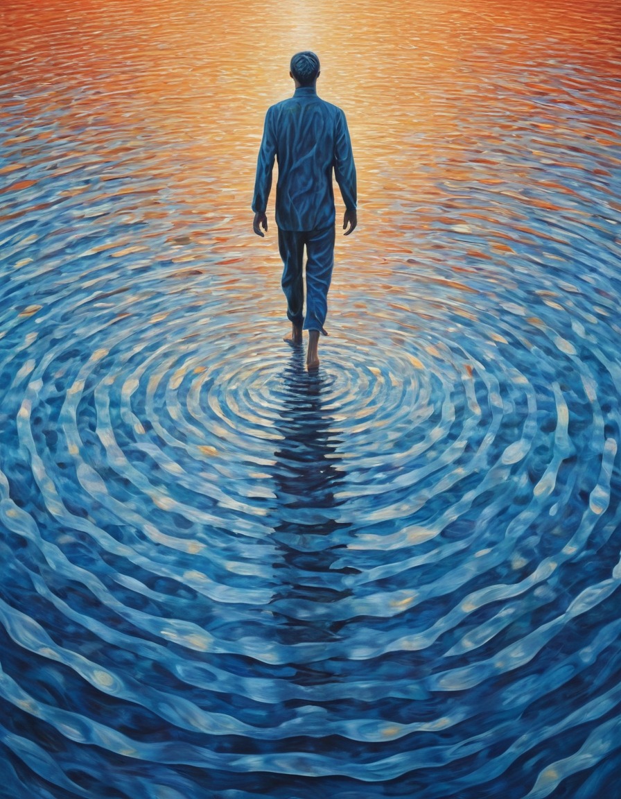 water, ripples, figure, reflection, surreal