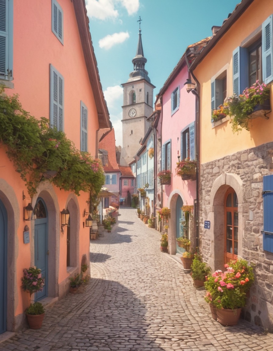 europe, village, cobblestone, architecture, pastel-colored buildings