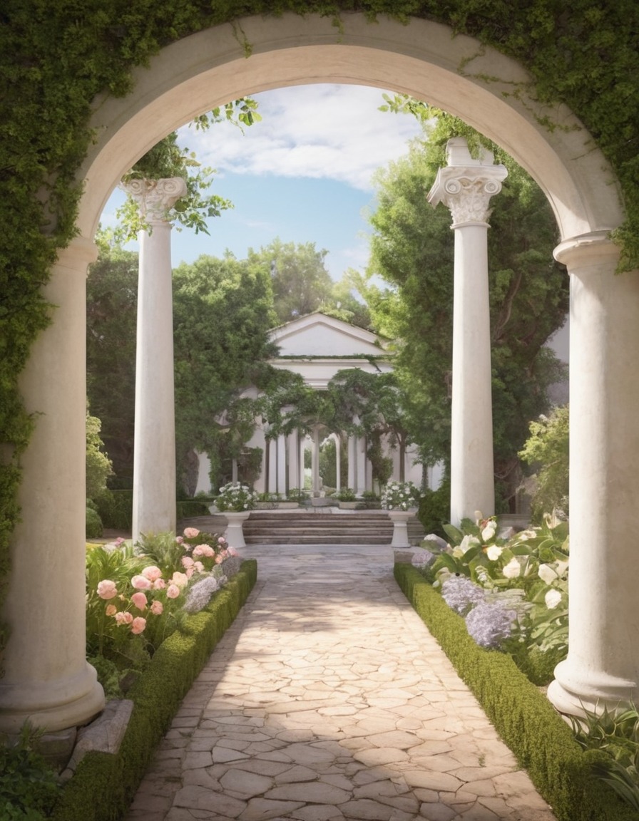 garden, archway, columns, serene, elegant