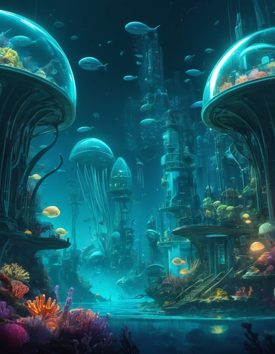 futuristic, underwater city, glass domes, bioluminescent, sea creatures, future