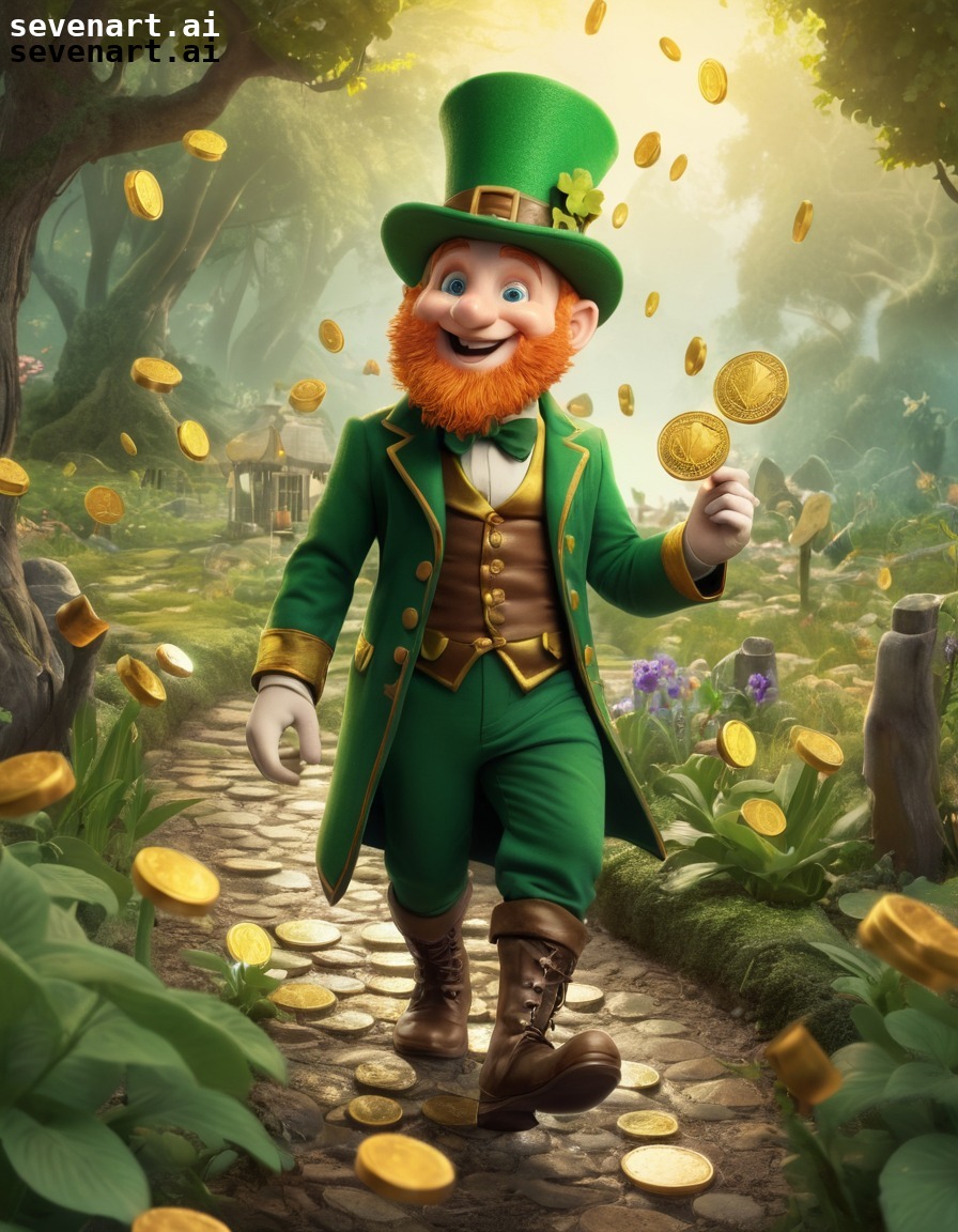 leprechaun, gold coins, magical, garden, mischief