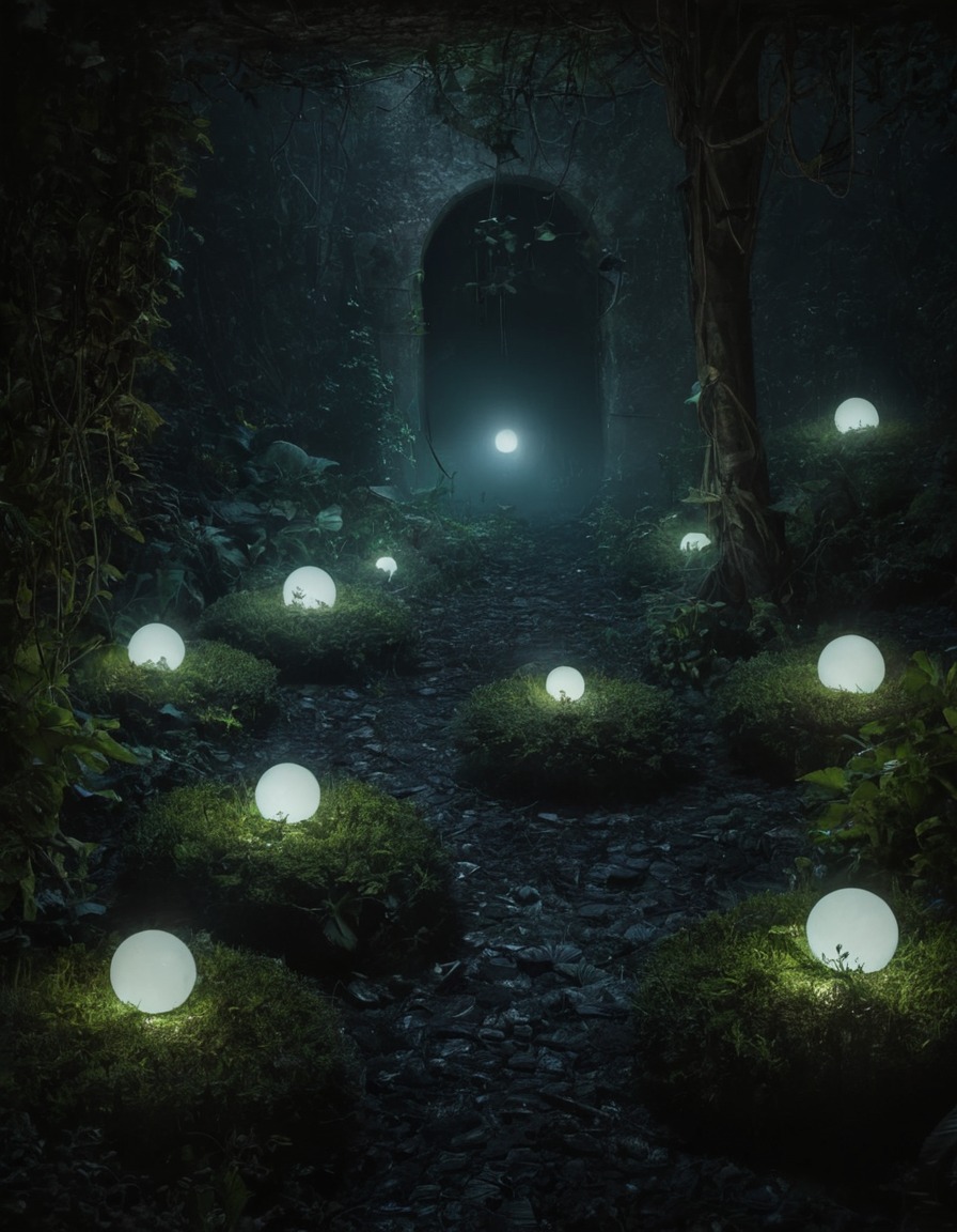 mystical, garden, floating orbs, soft light