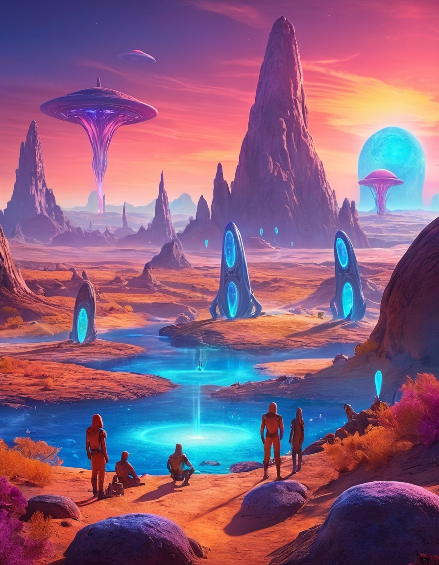 exoplanet, extraterrestrial, communication, mysterious landscape, alien beings, glowing symbols, aliens