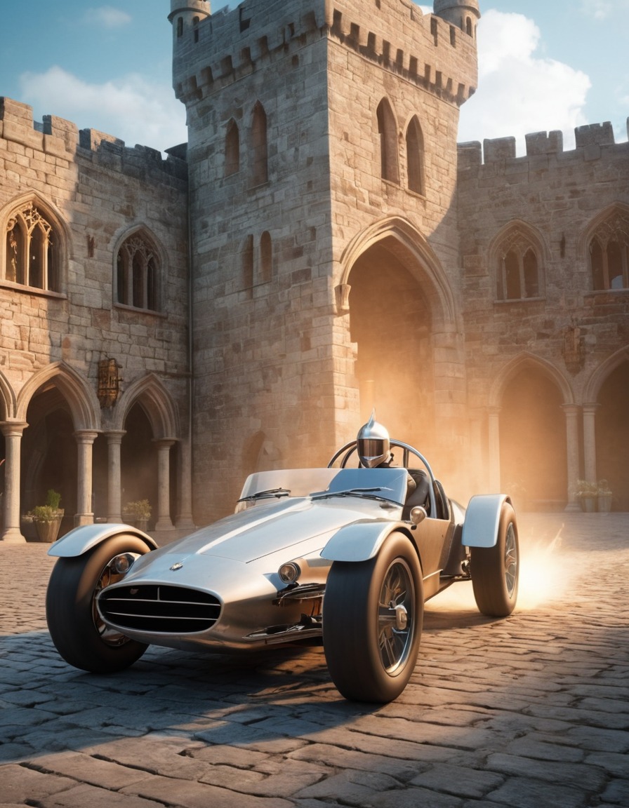 sports car, medieval, chariot, castle, courtyard, art