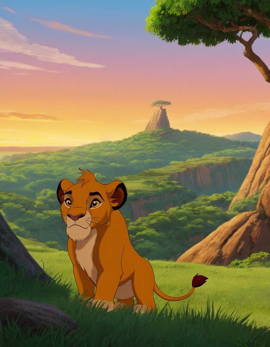 the lion king, disney, live-action adaptation, animated film, simba, mufasa, painted scene