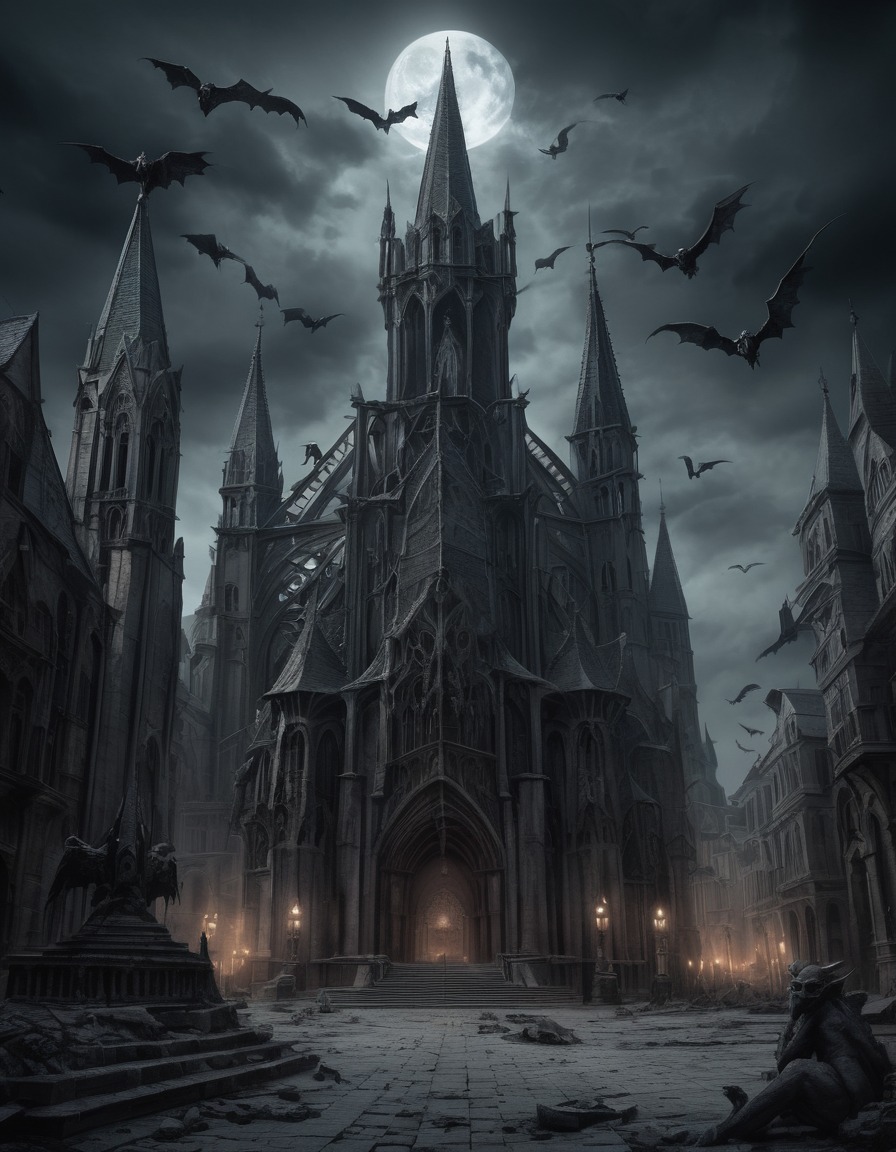 cathedral, gargoyles, deserted town square, architecture, gothic, underground, dark