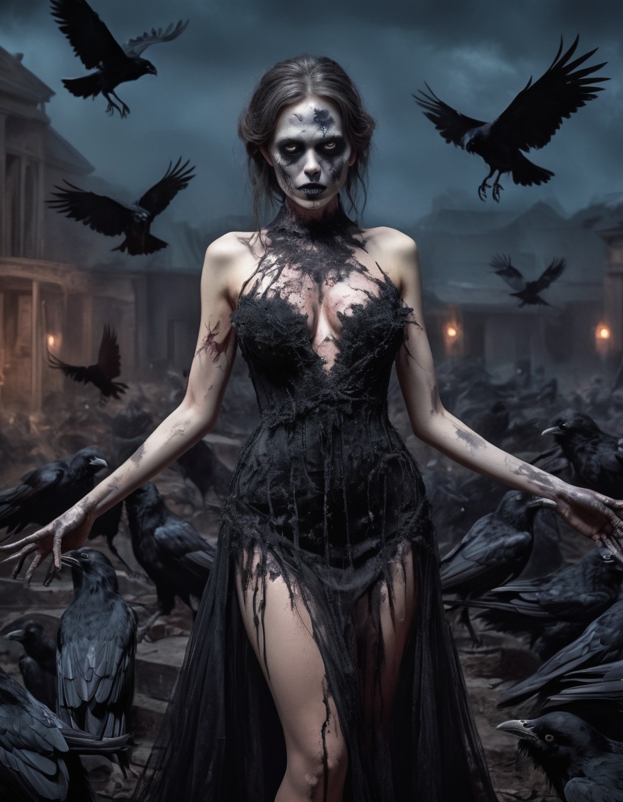 zombie, evening gown, ravens, spooky, fantasy, horror, nsfw