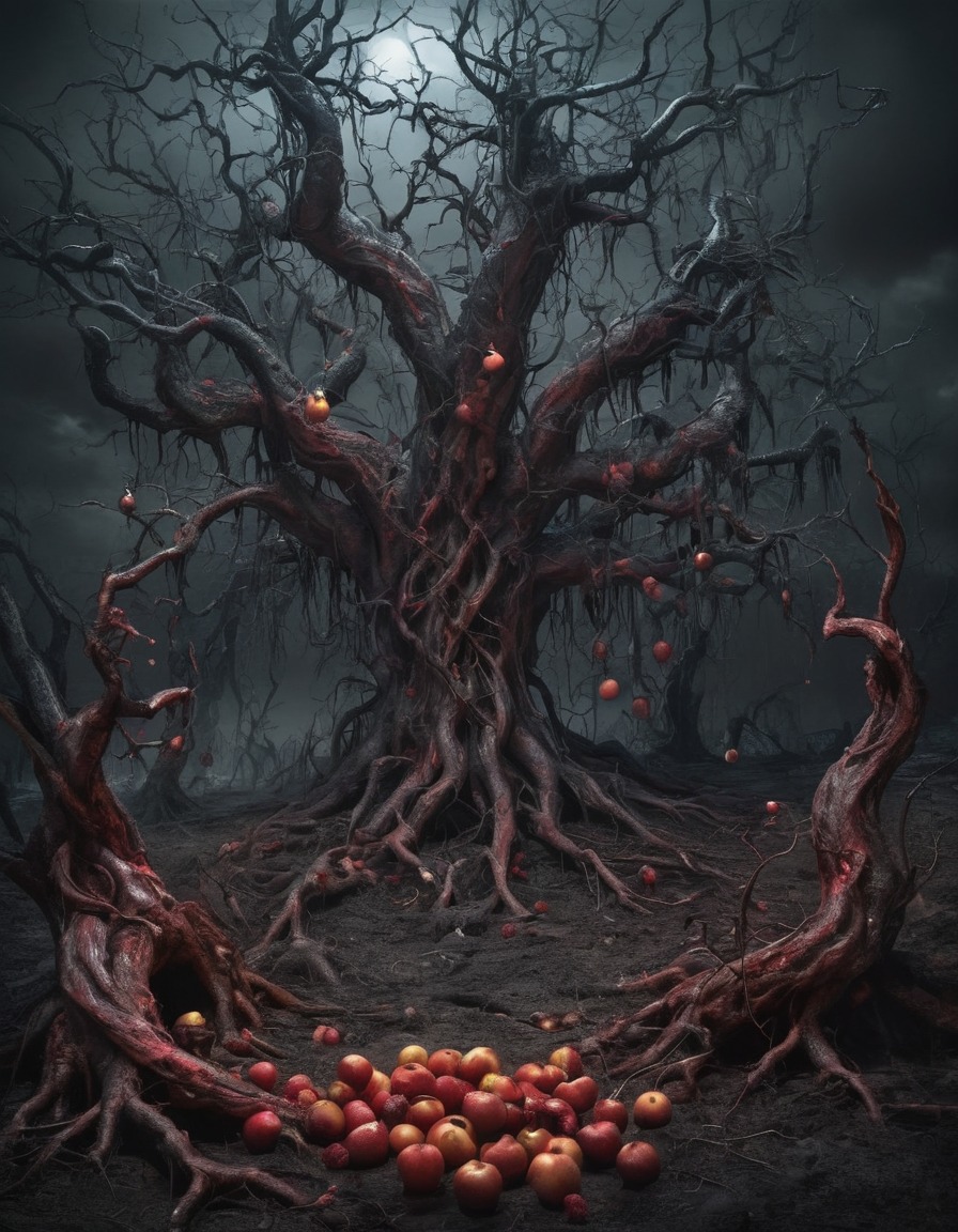 twisted trees, cursed fruit, hell, inferno, dark fantasy, supernatural, demonic imagery