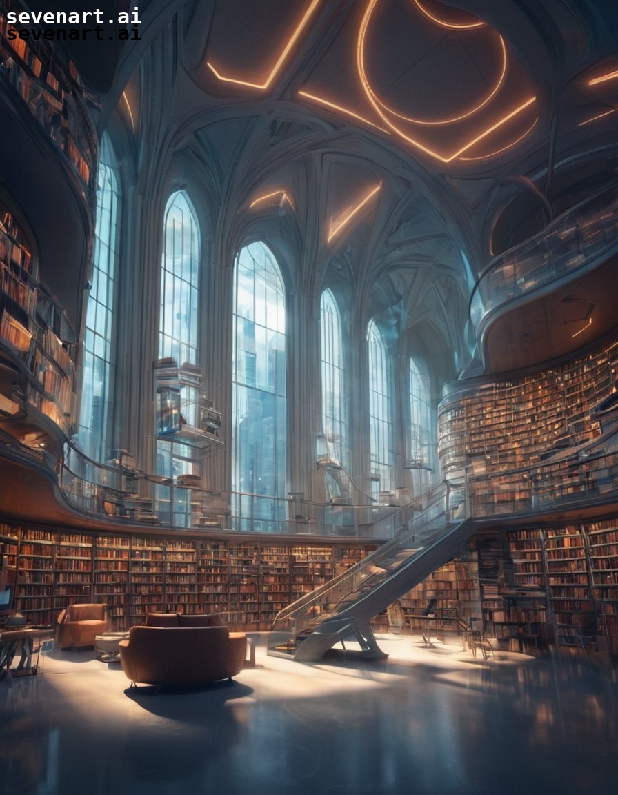 futuristic, library, innovative design, books, technology