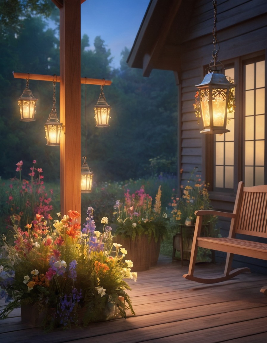 lantern, porch, swing, wildflowers, home, interior