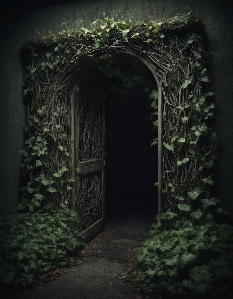 mystical garden, doorway, vines, nature, enchanted, magical, portal