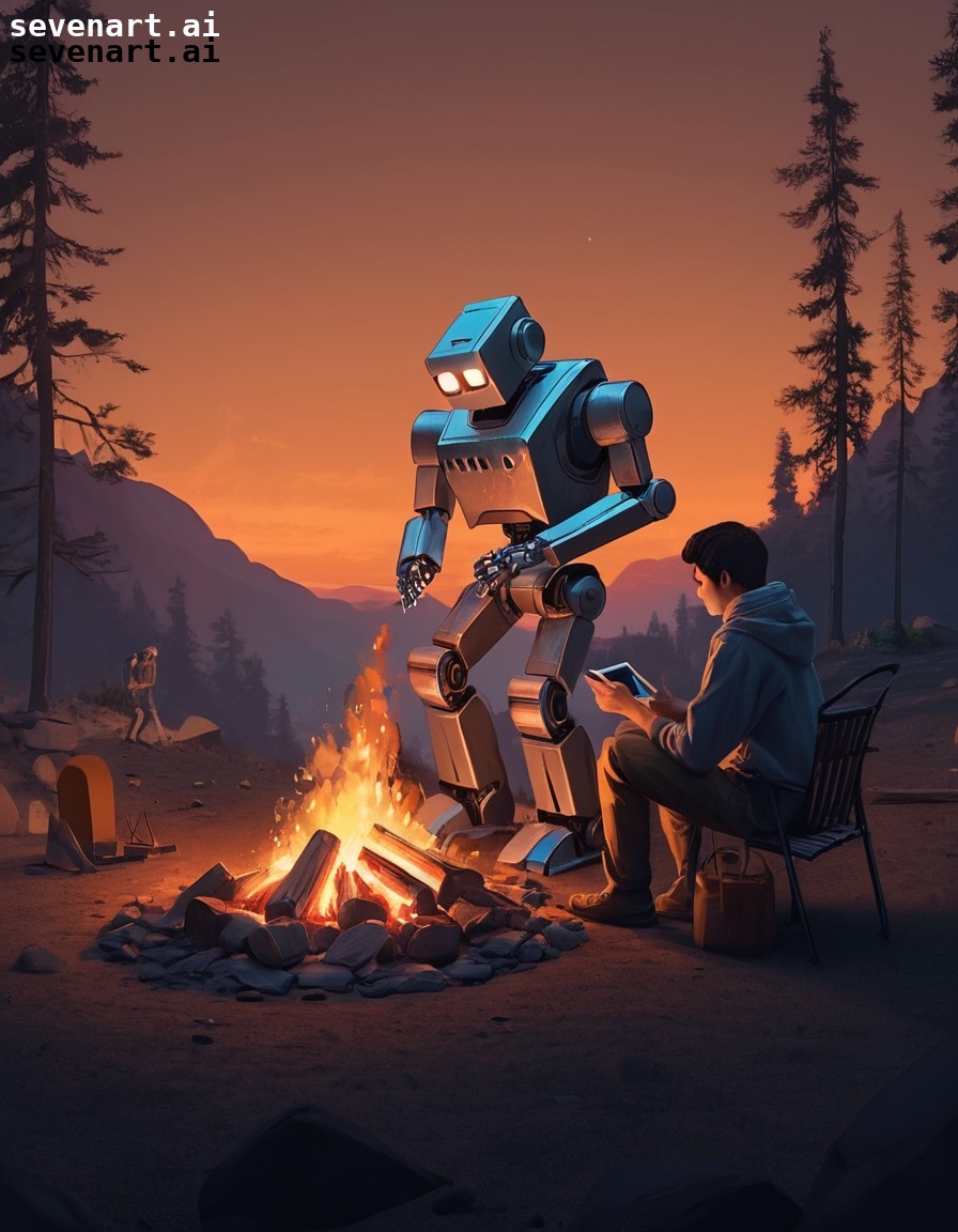 robot, human, campfire, tender moment, friendship, robots