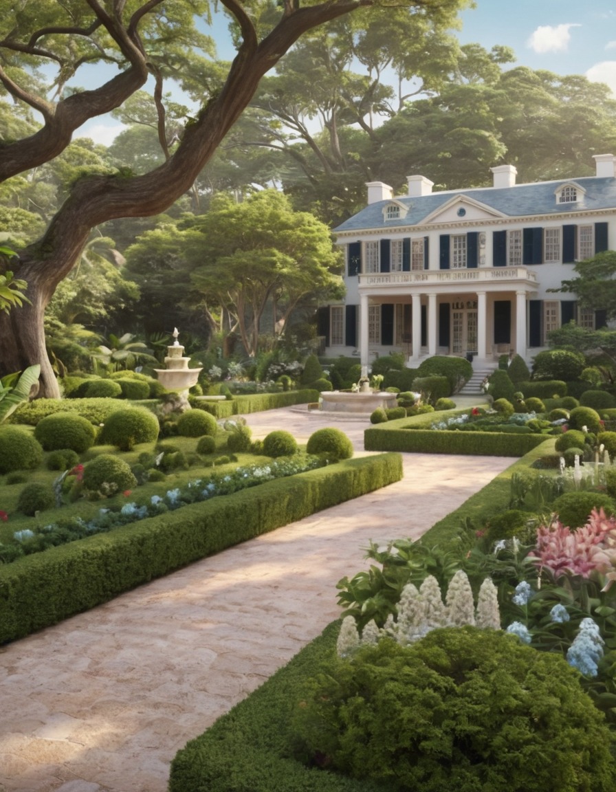 colonial style mansion, garden, tranquil, peaceful, estate, architecture