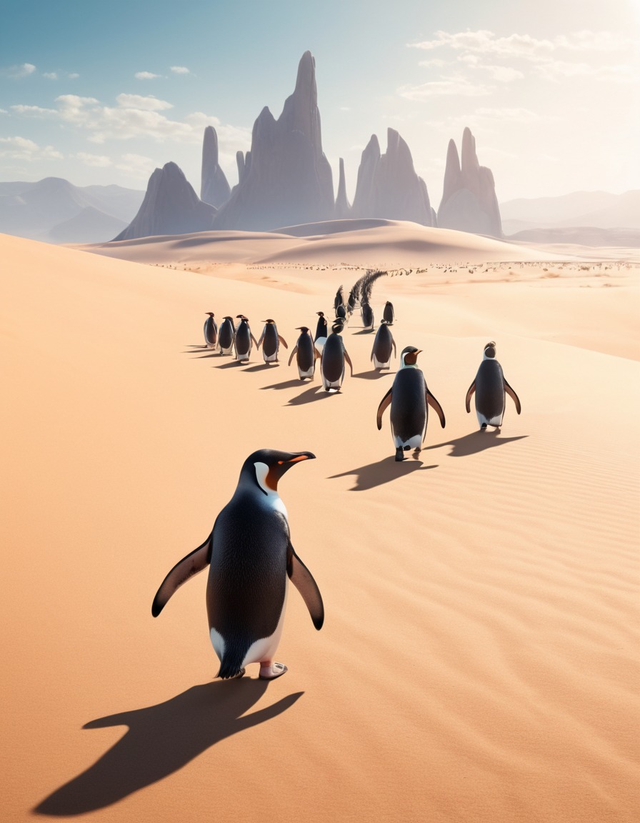 penguins, desert, unusual sight, animals, migration, climate change