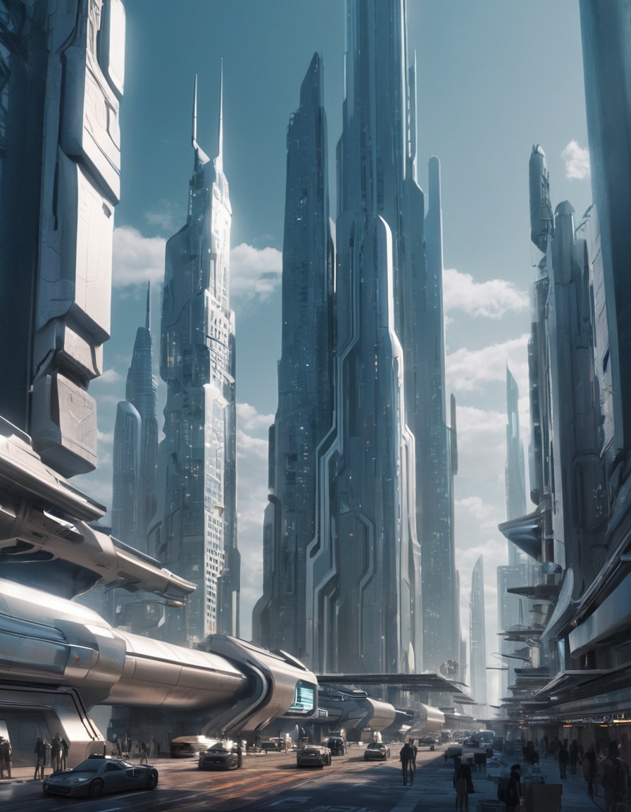 futuristic, cityscape, metallic, buildings, technology