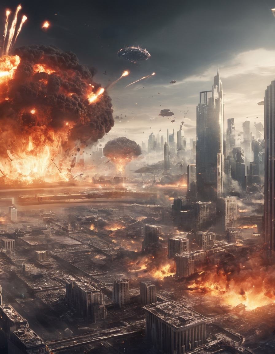 futuristic, city skyline, explosions, aliens, humans, three body problem, trisolaran