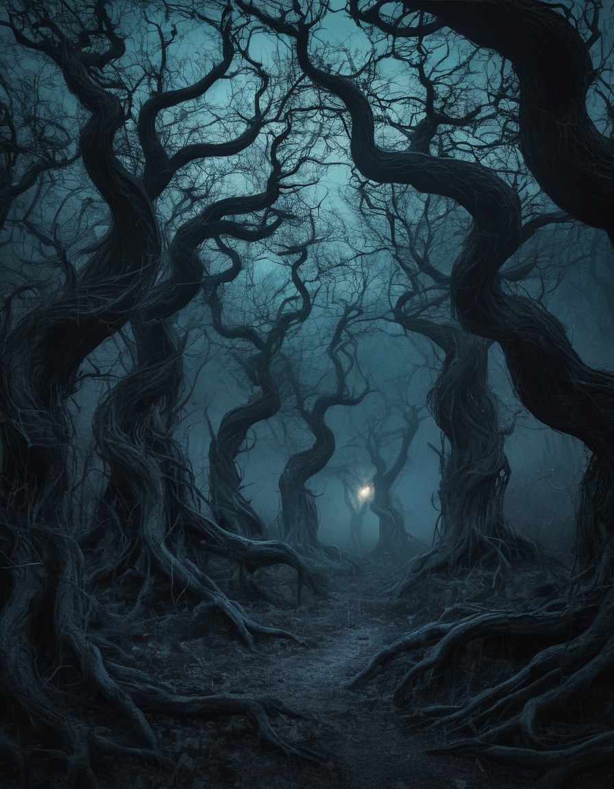 spooky, eerie, forest, dusk, twisted trees, gnarled trees, glowing eyes, gothic, underground, dark