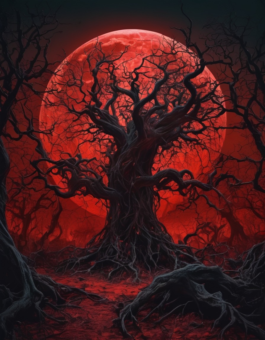 haunted, forest, gnarled trees, blood-red moon, shadows, gothic, underground, dark